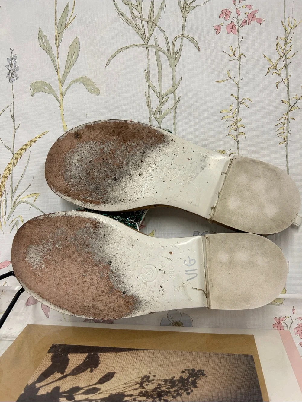 CHANEL Green Tweed Espadrille Slide Sandals with Gold Chain Logo